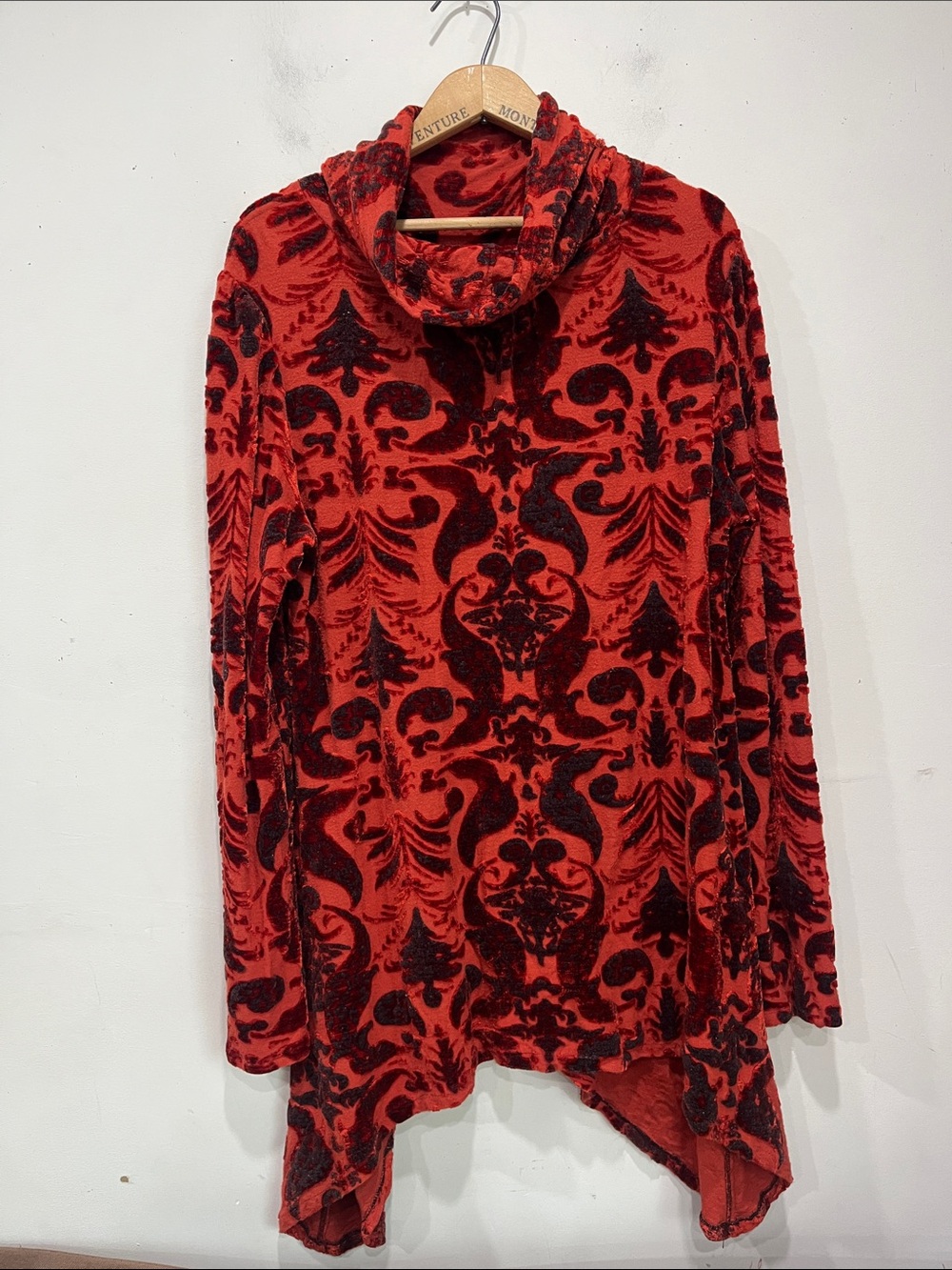 Red Velvet Burnout Cowl Neck Tunic with Damask Pattern size M/ L